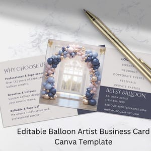 Abgerundete Ecken Ballon Künstler Visitenkarte Vorlage - Bearbeitbares Canva Design für Event Dekorateure - Perfekt für Marketing & Netzwerken