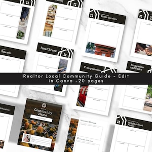 May include: A black and white printable guide for real estate agents to use when creating a local community guide. The guide includes sections for schools, healthcare, public services, transportation, recreation and parks, and a neighborhood profile. The guide is designed to be edited in Canva and includes 20 pages.
