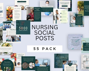 May include: A collage of 55 social media post templates for nurses. The templates feature a variety of designs, including images of nurses, medical equipment, and inspirational quotes. The text "NURSING SOCIAL POSTS 55 PACK" is displayed in large, bold letters at the center of the image.