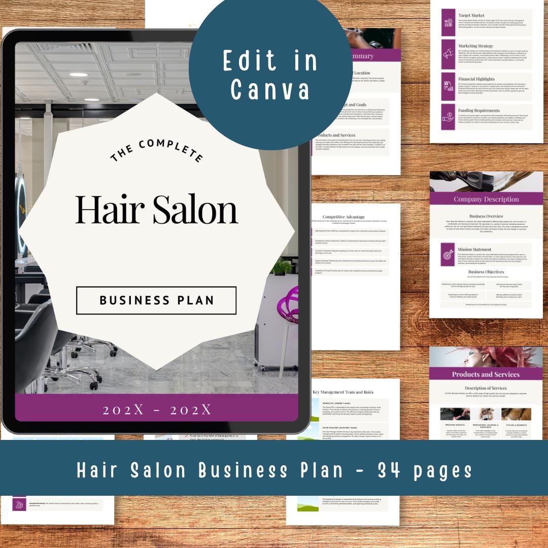 Hair Salon Business Plan, Canva Template for Editable Marketing ...