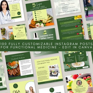 Puede incluir: Un collage de 100 publicaciones de Instagram personalizables para la medicina funcional. Las publicaciones presentan esquemas de colores verde y amarillo con imágenes de comida, personas y texto. El texto incluye frases como "Desintoxica tu cuerpo", "5 señales de que podrías necesitar medicina funcional", "Cómo la medicina funcional puede beneficiarte" y "¿Cómo se ve tu rutina matutina ideal y consciente?"