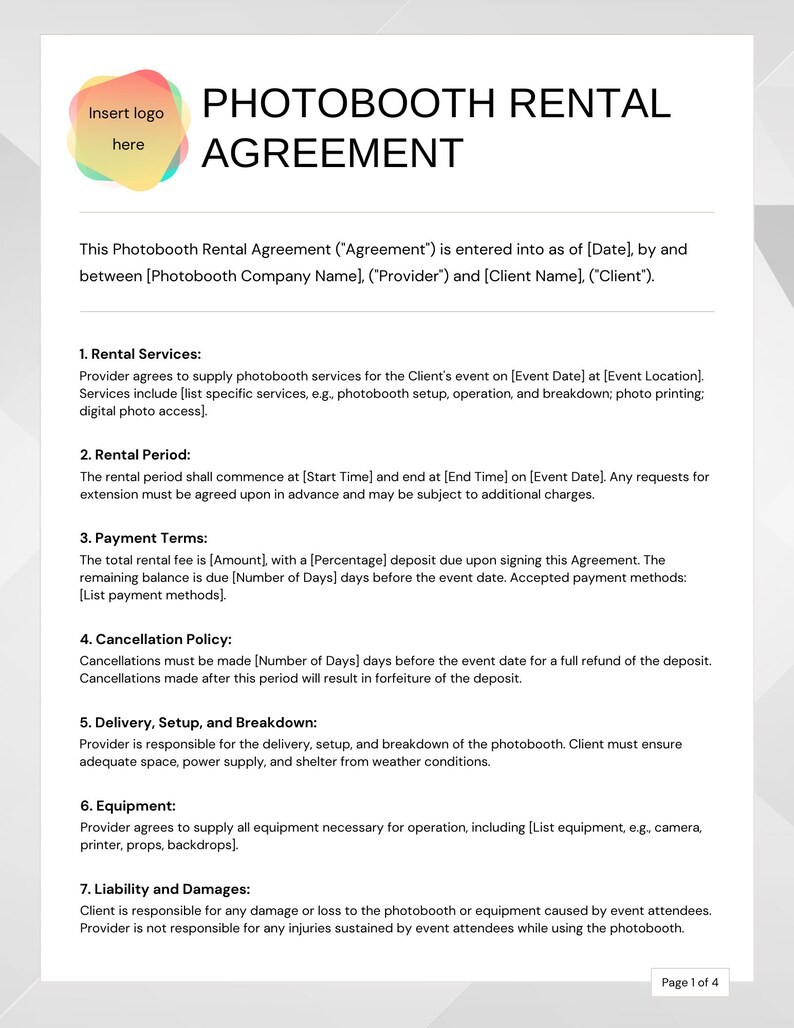 Photo Booth Contract Video Booth Rental Agreement Diy Booth Rental