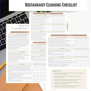 Plantilla de lista de verificación de limpieza de restaurante / Lista de verificación de apertura / Editar con Canva / Gestión de restaurantes / Registro de limpieza - Tamaño A4 y carta