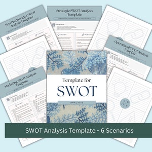 May include: A set of six printable SWOT analysis templates for different business scenarios. The templates are designed to help you identify your strengths, weaknesses, opportunities, and threats.
