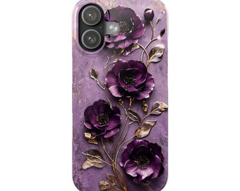 Fioletowy, 3D, kwiatowy bukiet, smukły futerał na telefon | Etui na telefon z różą w stylu vintage