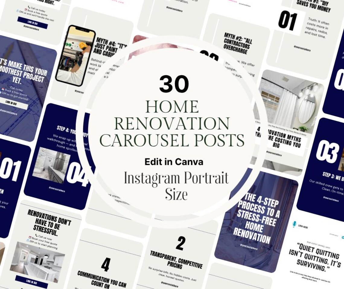Home Renovation Instagram Posts: Canva Carousel Templates (digital ...