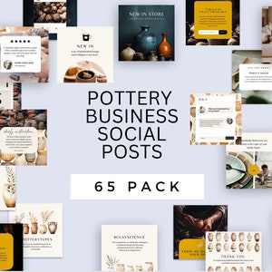 Puede incluir: Una colección de 65 plantillas de publicaciones en redes sociales para negocios de cerámica. Las plantillas presentan una variedad de imágenes, que incluyen cerámica, plantas y texto. El texto incluye frases como "Nuevo en la tienda", "Tipos de cerámica" y "Ciencia de la arcilla".