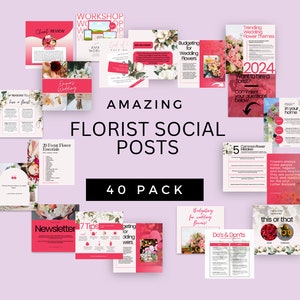 Florist Instagram Post Templates: Pink Floral Theme (Canva, 40 Posts)