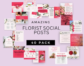 Florist Instagram Post Templates: Pink Floral Theme (Canva, 40 Posts)