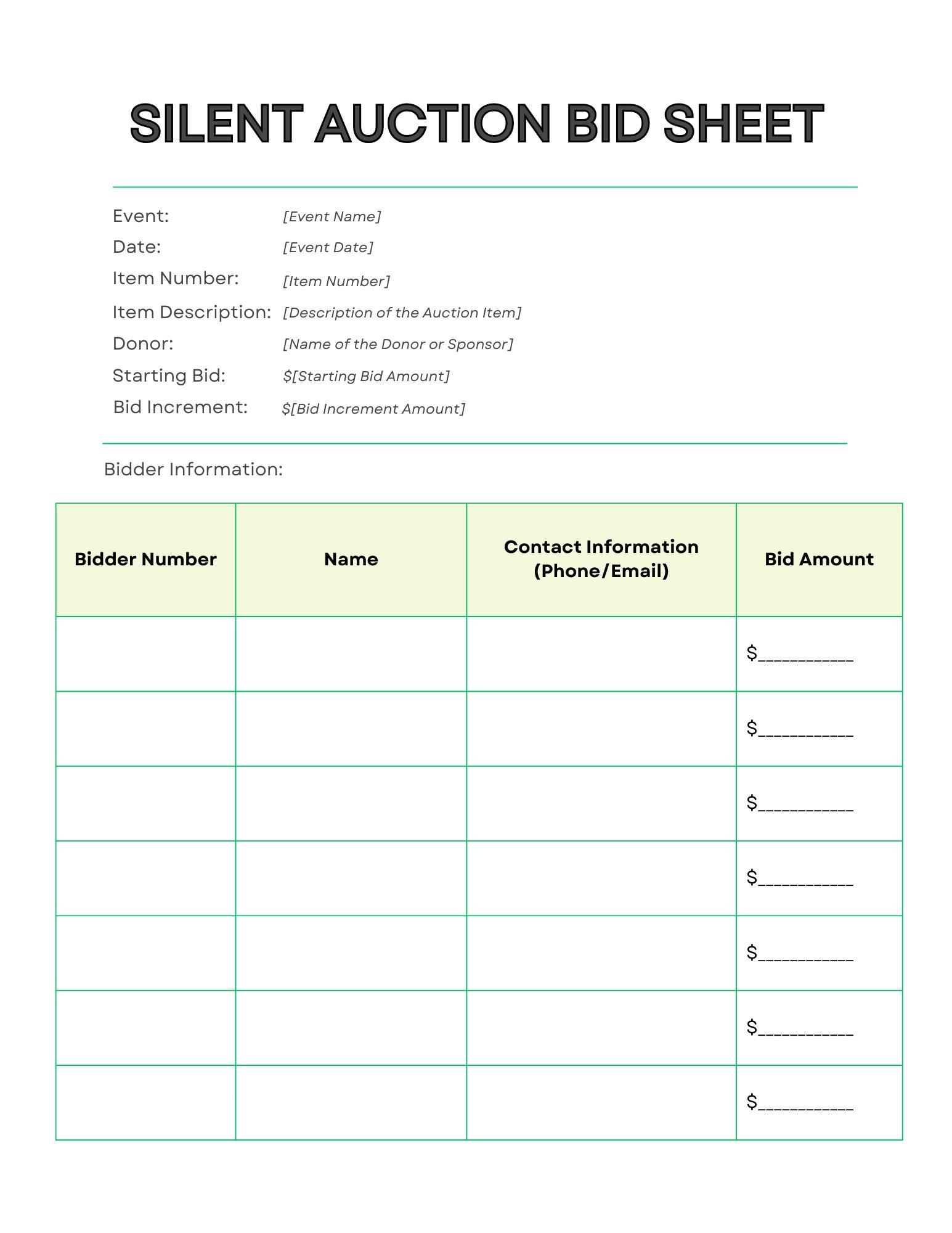 Silent Auction Bid Sheet Canva Editable Silent Auction Bid Sheet