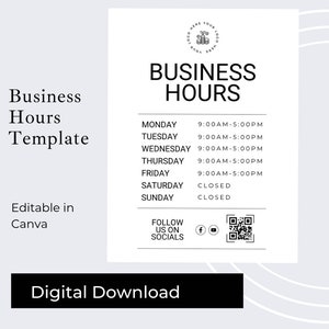 Custom Business Hours Sign – Printable Shop Hours Canva Template for Store or Café