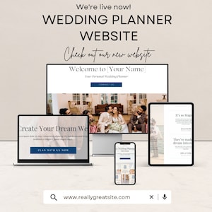 May include: A mockup of a wedding planner website with the text "Check out our new website" and "Welcome to [Your Name] Your Personal Wedding Planner". The website is shown on a computer screen, a tablet, and a smartphone.