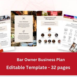 May include: A business plan template for a bar owner. The cover page features a bar scene with stools and a sign that reads "The Complete Bar Owner Business Plan 202X - 202X". The template includes sections for company description, vision statement, organization and management, beverages, and marketing plan.