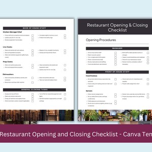 Restaurant Cleaning and Management Checklist - Opening and Closing Procedures - Easy to Edit with Canva - Canva Template - Restaurant Tasks