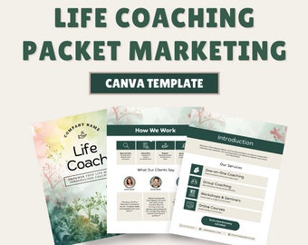 Puede incluir: Una plantilla de Canva para el marketing de paquetes de coaching de vida. La plantilla incluye una página de portada con un fondo de acuarela, una página sobre cómo funciona el coach, una página con testimonios de clientes y una página sobre los servicios del coach. El texto de la página de portada dice "Life Coach" y "EMPOWER YOUR LIFE WITH PERSONALIZED COACHING".