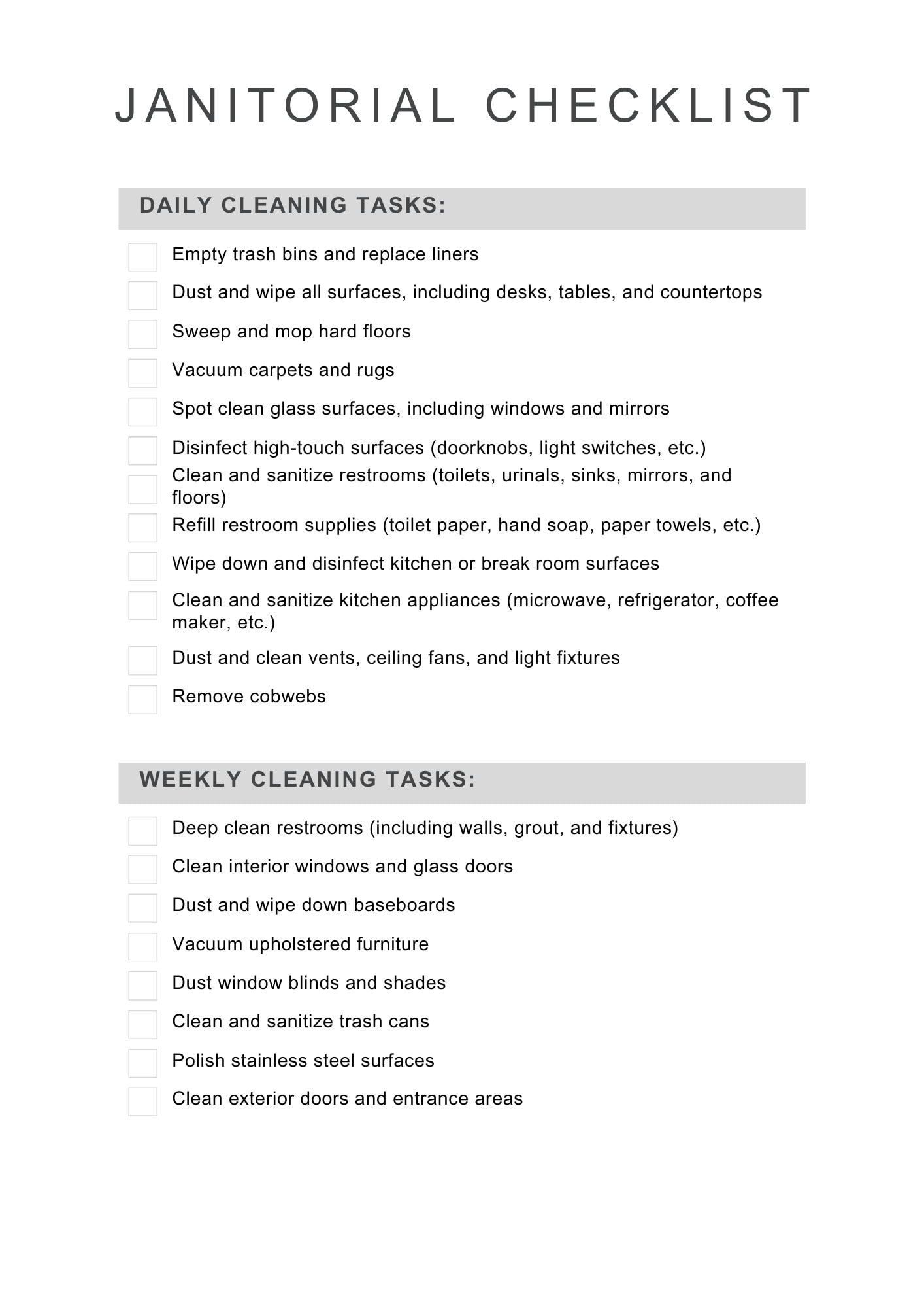 Janitorial Cleaning Checklist: Editable Canva Template (2-page) - Etsy