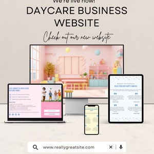 May include: A computer screen displaying a website for a daycare business. The website features a pink and blue colour scheme and includes a section for parent testimonials. The website address is www.reallygreatsite.com.