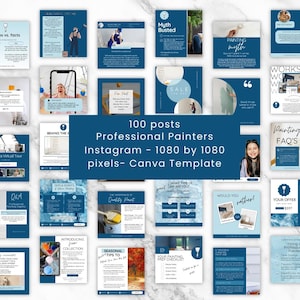 May include: A collection of 100 Instagram post templates for professional painters. The templates feature a blue and white colour scheme with various images and text related to painting services. The text includes phrases like "Myth Busted", "Painting FAQ's", "Behind the Scenes", "What Type of Paint Are You?", "Seasonal Tips to Protect Your Paint", and "Your Painting Prep Checklist".