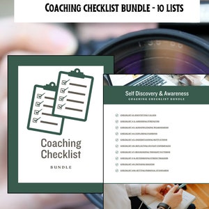 May include: A green and white checklist bundle with the title "Coaching Checklist Bundle - 10 Lists". The checklist is for self-discovery and awareness. The checklist includes topics such as identifying values, assessing strengths, acknowledging weaknesses, exploring passions, understanding motivations, reflecting on past experiences, recognizing thought patterns, determining stress triggers, defining success, and setting personal standards.