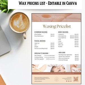 Cennik depilacji woskiem | Cennik kosmetyków | Szablon cennika | Specjalne oferty depilacji woskiem | Szablon cennika | Cennik depilacji woskiem | Szablon Canva