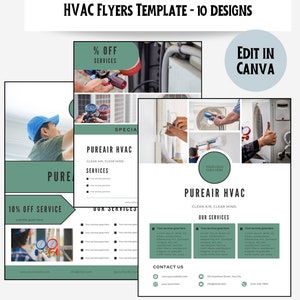 Op de afbeelding: HVAC-flyersjabloon met 10 ontwerpen. Het ontwerp bevat afbeeldingen van HVAC-technici die aan apparatuur werken, samen met de tekst "Pureair HVAC" en "10% korting op service". De sjabloon bevat ook de tekst "Edit in Canva".