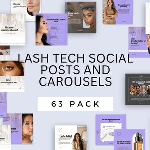 Könnte beinhalten: Eine Sammlung von 63 Social-Media-Posts und Karussells für Wimperntechniker. Die Bilder zeigen verschiedene Wimpernstile, Tipps zur Wimpernpflege und Kundenbewertungen. Der Text "Lash Tech Social Posts and Carousels 63 Pack" wird in großer Schrift angezeigt.