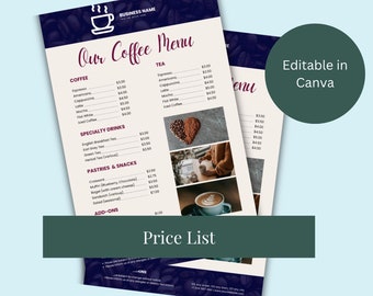 Editable Coffee Shop Menu Template – Printable Café Price List Canva Design