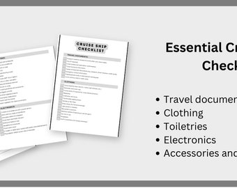 May include: A checklist for packing for a cruise. The checklist is divided into categories: Travel Documents, Clothing, Toiletries, Electronics, and Accessories and Miscellaneous.