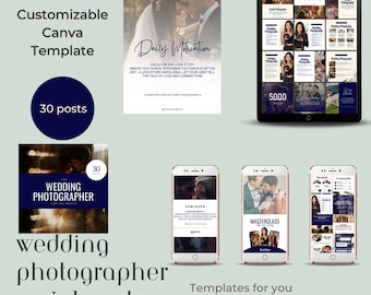 May include: A set of 30 customizable Canva templates for wedding photographers. The templates feature a blue and white color scheme and include text such as "Daily Motivation", "Wedding Photographer", and "Masterclass".