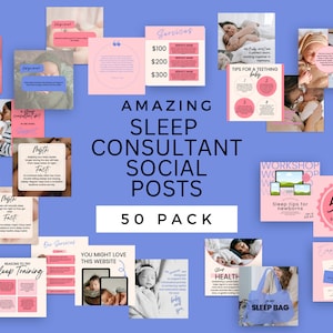 Könnte beinhalten: Eine Collage aus rosa und weißen Social-Media-Posts für ein Schlafberatungsgeschäft. Die Posts zeigen Bilder von Babys, Text über Schlafcoaching und den Spruch "Amazing Sleep Consultant Social Posts 50 Pack".