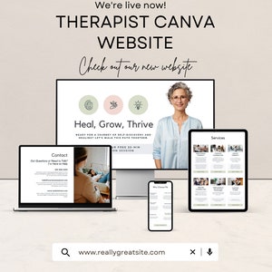 Puede incluir: Una maqueta de sitio web para el sitio web de un terapeuta. El sitio web presenta un esquema de color verde claro, rosa y marrón claro. El título del sitio web es "Sanar, Crecer, Prosperar". El sitio web también presenta un formulario de contacto, una página de servicios y una página de "¿Por qué elegirme?" La dirección del sitio web es www.reallygreatsite.com.