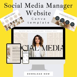 Puede incluir: Una captura de pantalla de una plantilla de sitio web para un administrador de redes sociales. El sitio web está diseñado con un estilo minimalista con un fondo beige y texto negro. El sitio web presenta una foto de una mujer con cabello castaño rizado sonriendo a la cámara. El texto en la pantalla dice "Social Media Manager Website Canva Template".