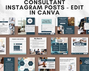 May include: A collection of 100 Instagram post templates for nurse legal consultants. The templates are designed in a modern style with a blue and white color scheme. The templates include text boxes, images, and icons. The text on the templates includes phrases like "Frequently Asked Questions", "Why Choose Us", "DOS & DON'T'S of Nurse Legal Consulting", "Industry News", "How-To Guides", "Witness Process", "How Our Legal Nurse Consultant Services Can Benefit You", "Call Us Now", and "Top 10 Medical Conditions Legal Cases".