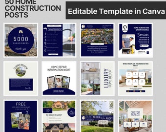 May include: A set of 12 social media post templates designed for home construction businesses. The templates feature a blue and white colour scheme with images of houses, tools, and workers. The text on the templates includes phrases such as "Home Repair Information Night", "Need a New Roof?" and "Custom Builds".