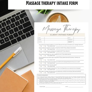 Könnte beinhalten: Ein druckbares Massagetherapie-Aufnahmeformular mit Abschnitten für Kundeninformationen, Krankengeschichte und Einwilligung. Das Formular enthält Fragen zu Allergien, Medikamenten und früheren Massageerfahrungen.