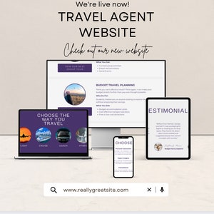 Puede incluir: Un sitio web para un agente de viajes, con el texto "We're live now! Travel Agent Website" en la parte superior. El sitio web ofrece planificación de viajes con presupuesto, viajes en grupo y consultas de viajes personalizadas. La dirección del sitio web es www.reallygreatsite.com.