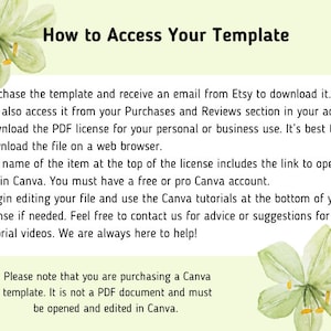 May include: A light green background with the text "How to Access Your Template" and instructions for downloading and using a Canva template. Decorative floral elements frame the text. The instructions are numbered and easy to read.