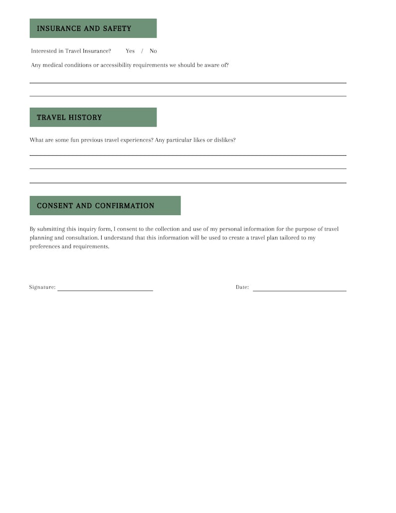 Travel Agent Client Intake | Travel Inquiry Form | Editable Intake Form ...
