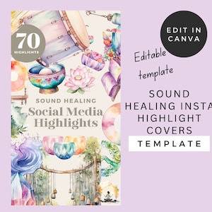 Puede incluir: Una ilustración de acuarela de una plantilla de portada de resaltado de redes sociales de sanación de sonido con 70 resaltados. La imagen presenta una variedad de instrumentos de sanación de sonido, incluyendo cuencos cantores, campanillas y un tambor. El fondo es de color rosa y morado suave.