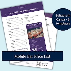 Mobile Bar Price List | Bartender Canva Template | Bartender Drinks Menu Price List | Editable Price List | Canva Prices | Drink Price List