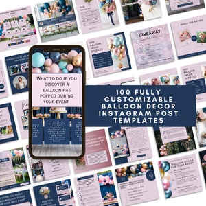 Peut inclure: Un collage de 100 modèles de publications Instagram personnalisables pour la décoration de ballons. Les modèles présentent une variété d'arrangements de ballons, de couleurs et de designs. Le texte "100 modèles de publications Instagram entièrement personnalisables pour la décoration de ballons" est affiché dans une boîte bleu marine.