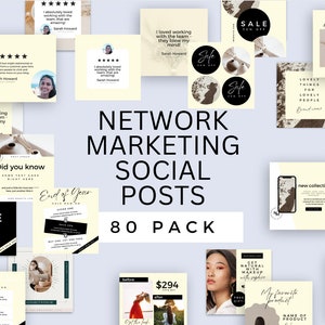 May include: A collection of 80 social media post templates for network marketing businesses. The templates feature a variety of designs with a neutral colour palette of beige, black, and white. The text on the templates includes phrases like "Save 50%", "New Collection", and "Welcome to the Team".