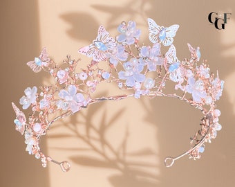 Handmade Butterfly Floral Tiara Rose-Gold Gold Silver Tiara Crown sweet 16, wedding crowns, bride hair jewelry, headpiece bridgerton ball