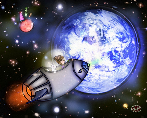 Buy Rocket Fly By Earth Digital Art Print Space, Little Girl, Dog.