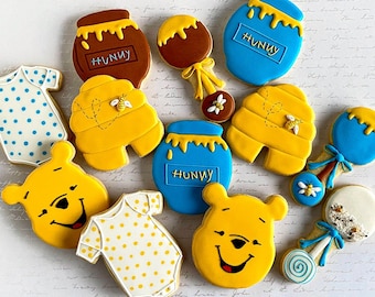 Baby Winnie The Pooh Custom Sugar Cookies, Birthday Custom Cookies, Baby Shower Cookies, Gender reveal Cookies, ONE DOZEN (12)