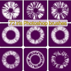 May include: A set of 72 Photoshop brushes featuring a white iris design on a purple background. The brushes are designed to create realistic eye effects.