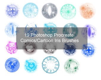 19 pinceles y sellos para Photoshop con dibujos de cómics, iris y ojos.