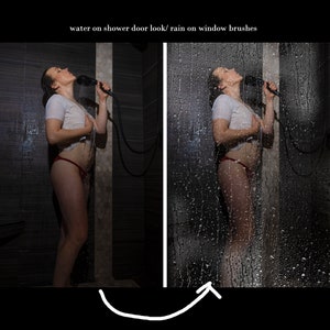 Puede incluir: Una persona con una camiseta blanca y ropa interior roja está de pie en una ducha, sosteniendo un cabezal de ducha. La puerta de la ducha está cubierta de gotas de agua, con el texto "water on shower door look/ rain on window brushes" en la parte superior.