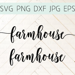 Puede incluir: Un diseño digital con la palabra "farmhouse" en una fuente de escritura fluida, repetida dos veces. El texto negro se encuentra sobre un fondo blanco con un patrón de espiga. Encima del texto están las abreviaturas de los tipos de archivo: SVG, PNG, DXF, JPG, EPS.