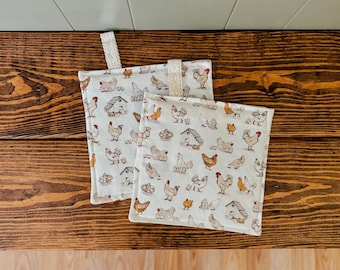 Agarraderas de algodón con diseño de gallinas / Regalo para anfitriona / Decoración de cocina / The Northern Loom